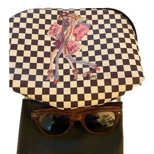 Isak Makeup Bag & Sunglasses - 7x10 checked makeup bag , wooden faux sun…